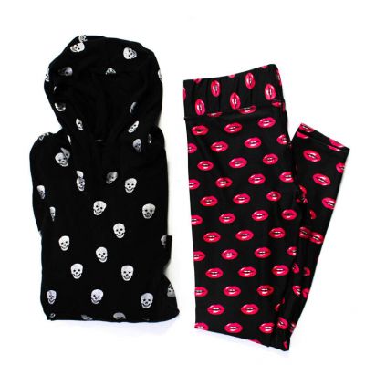 Terez Womens Skull Lips Print Hoodie Sweatshirt Leggings Black Size Large Lot 2